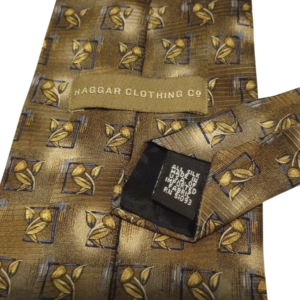 Haggar‎ Clothing Co Mens Silk Necktie Olive Blue Gold Geometric Leaf Botanical